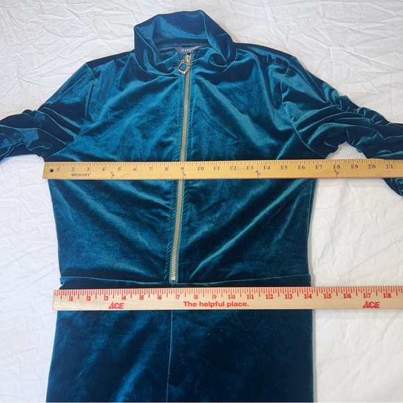 Chicme Velvet Zipper Ruched Longsleeve Jumpsuit Elastic Waistbelt Green Size M - Picture 6 of 12